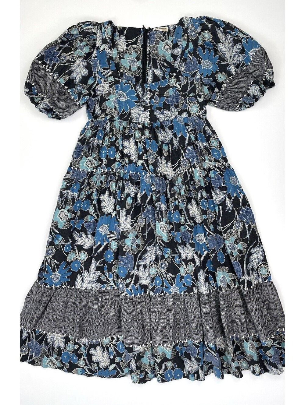 Ulla Johnson Nora Dress Lapis Blue Black Floral Puff Sleeve Tiered Size 2